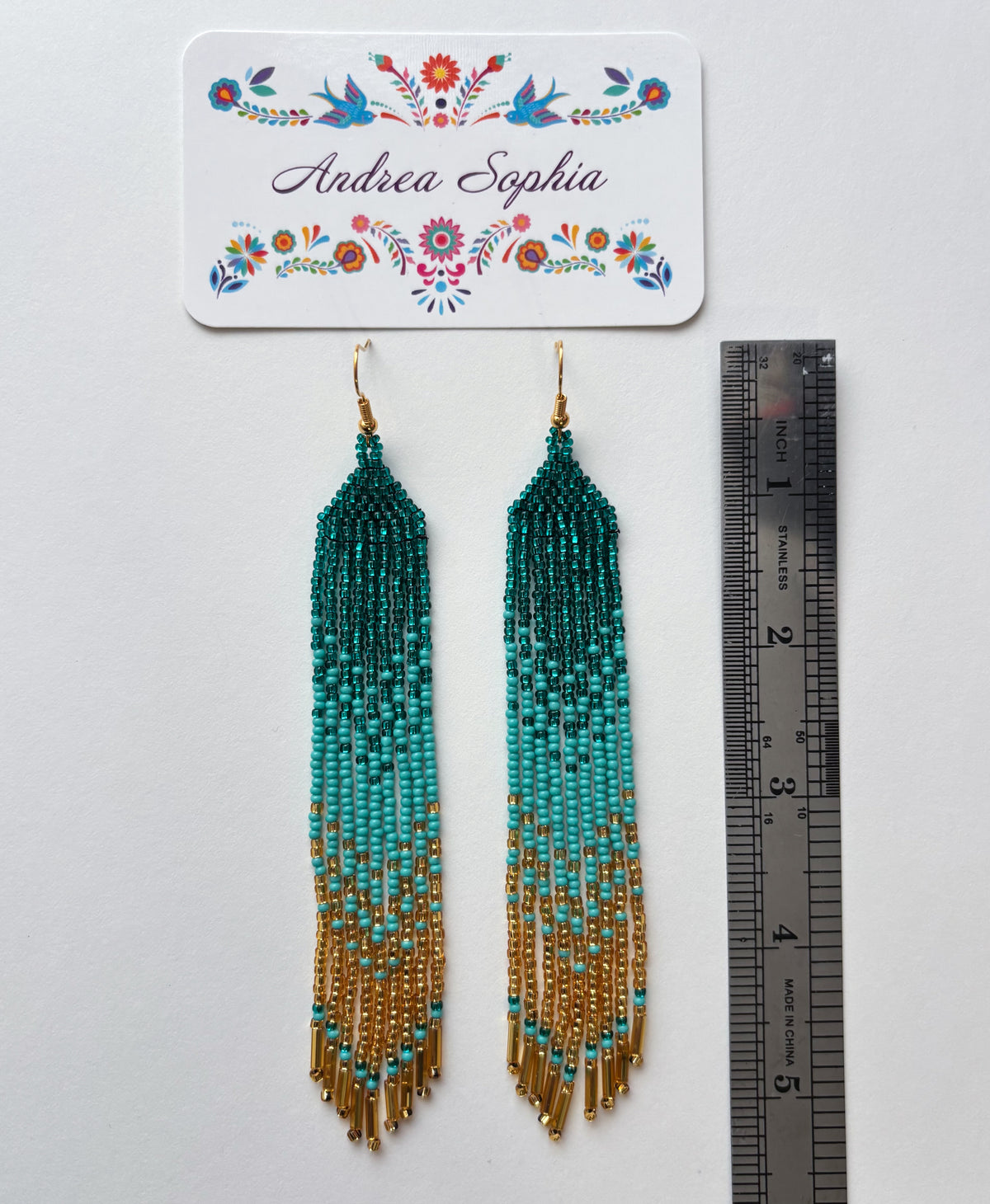 Turquoise and Gold Gradient Beaded Earrings - Turquoise and Gold Waterfall Gradient