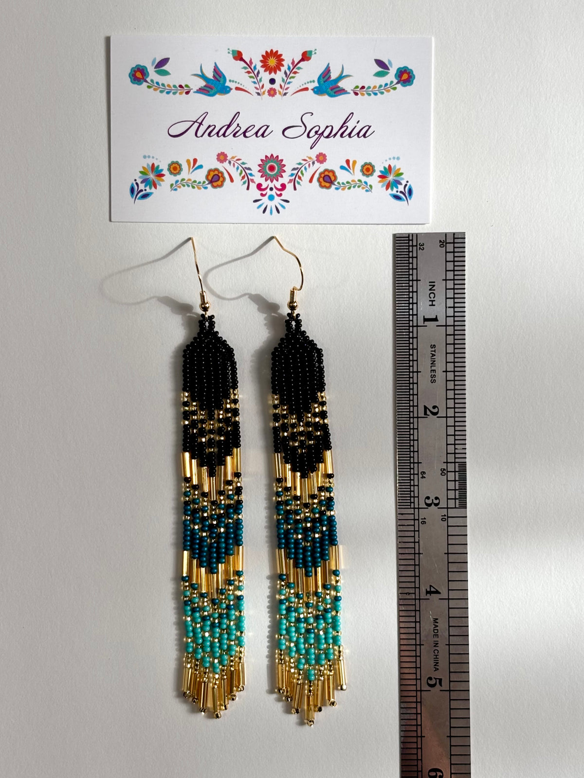 Turquoise, Black, and Gold Beaded Earrings