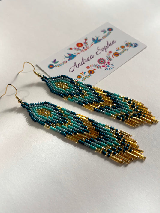 Turquoise and Gold Chevron Beaded Earrings