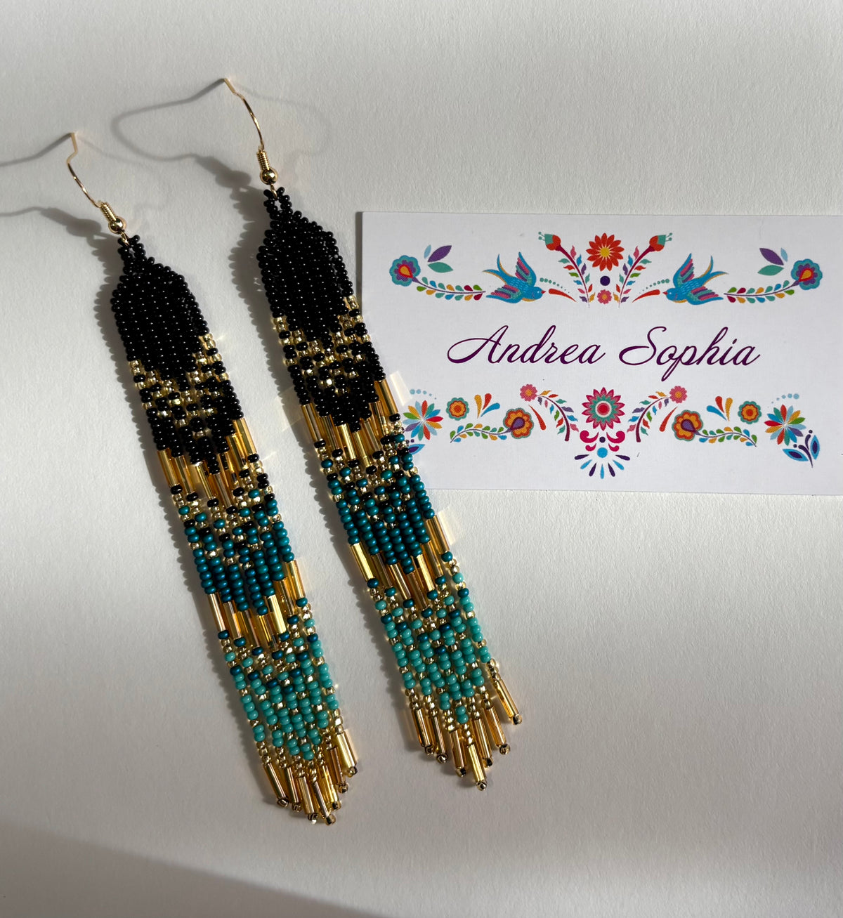 Turquoise, Black, and Gold Beaded Earrings