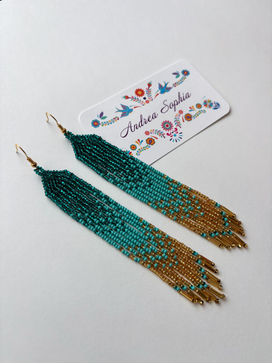Turquoise and Gold Gradient Beaded Earrings - Turquoise and Gold Waterfall Gradient