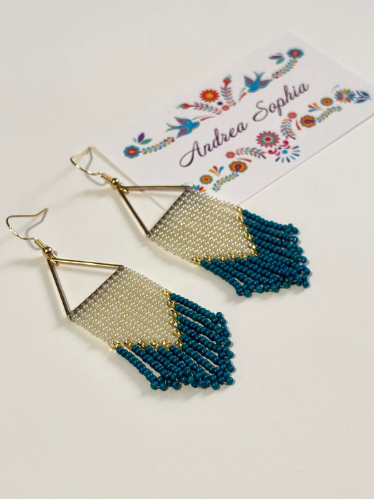 Teal, Cream, and Gold Triangle Hoops Beaded Earrings