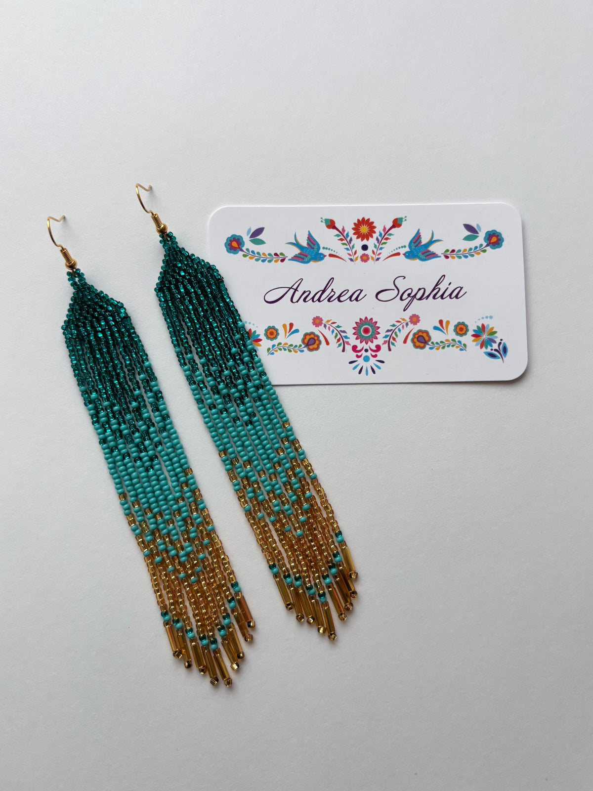 Turquoise and Gold Gradient Beaded Earrings - Turquoise and Gold Waterfall Gradient