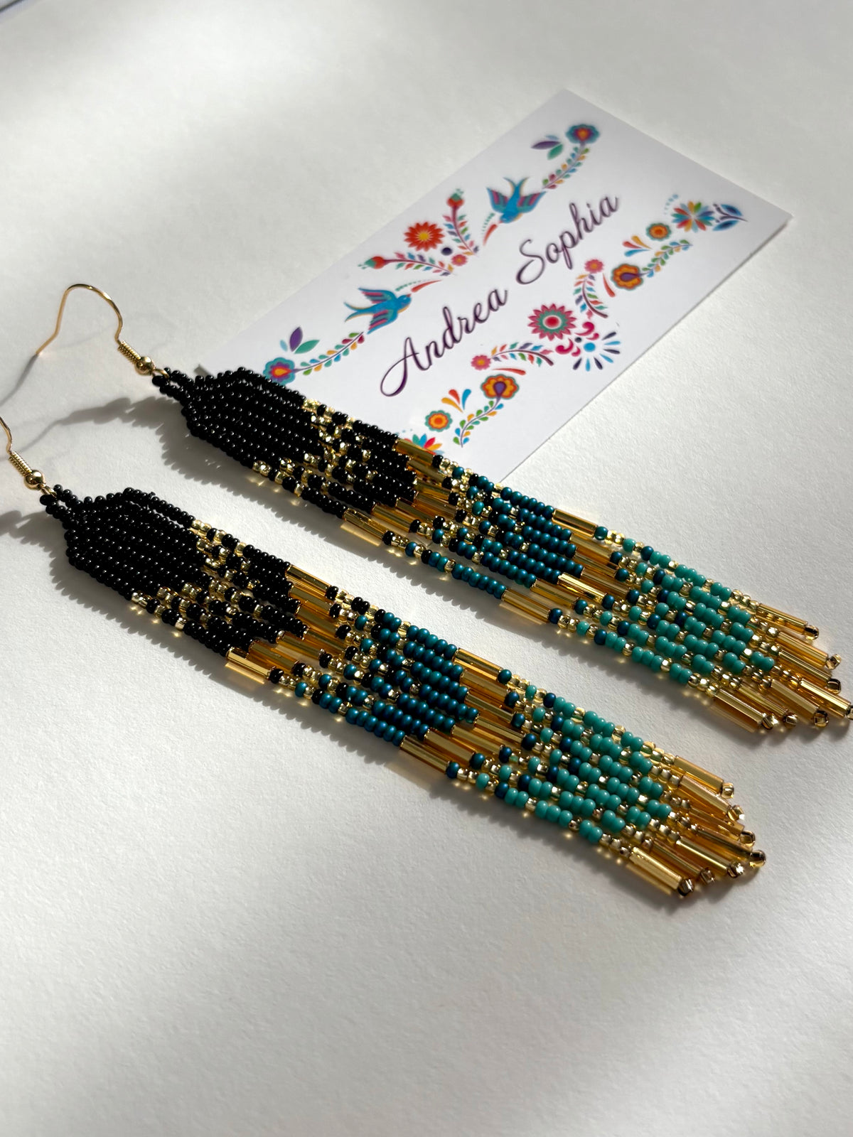 Turquoise, Black, and Gold Beaded Earrings