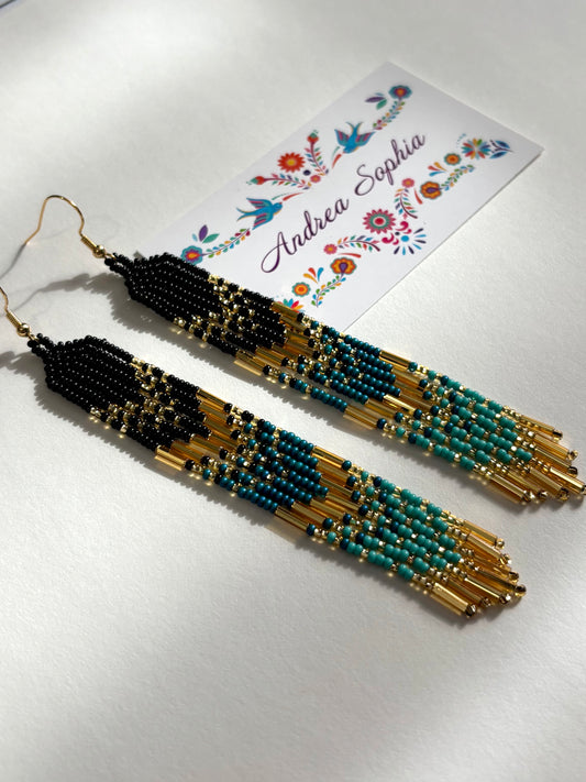 Turquoise, Black, and Gold Beaded Earrings