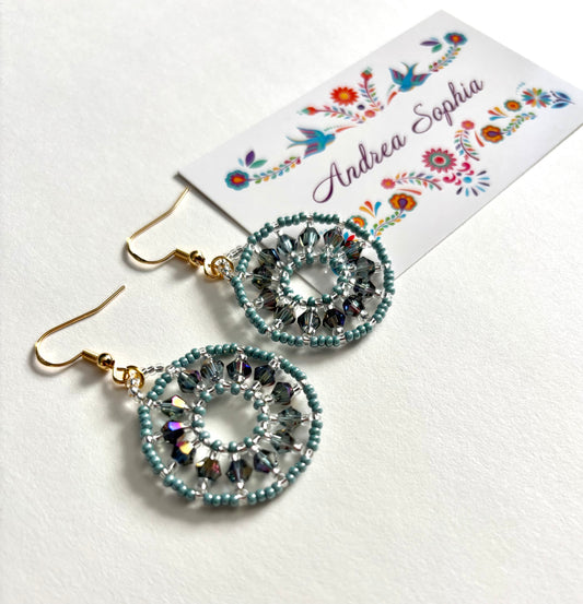 Turquoise and Crystals Beaded Earrings - Turquoise Crystals Beaded Hoops